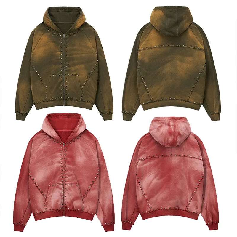 hongfeng offers custom washed hoodie with a retro, heavyweight zipper rivet design.